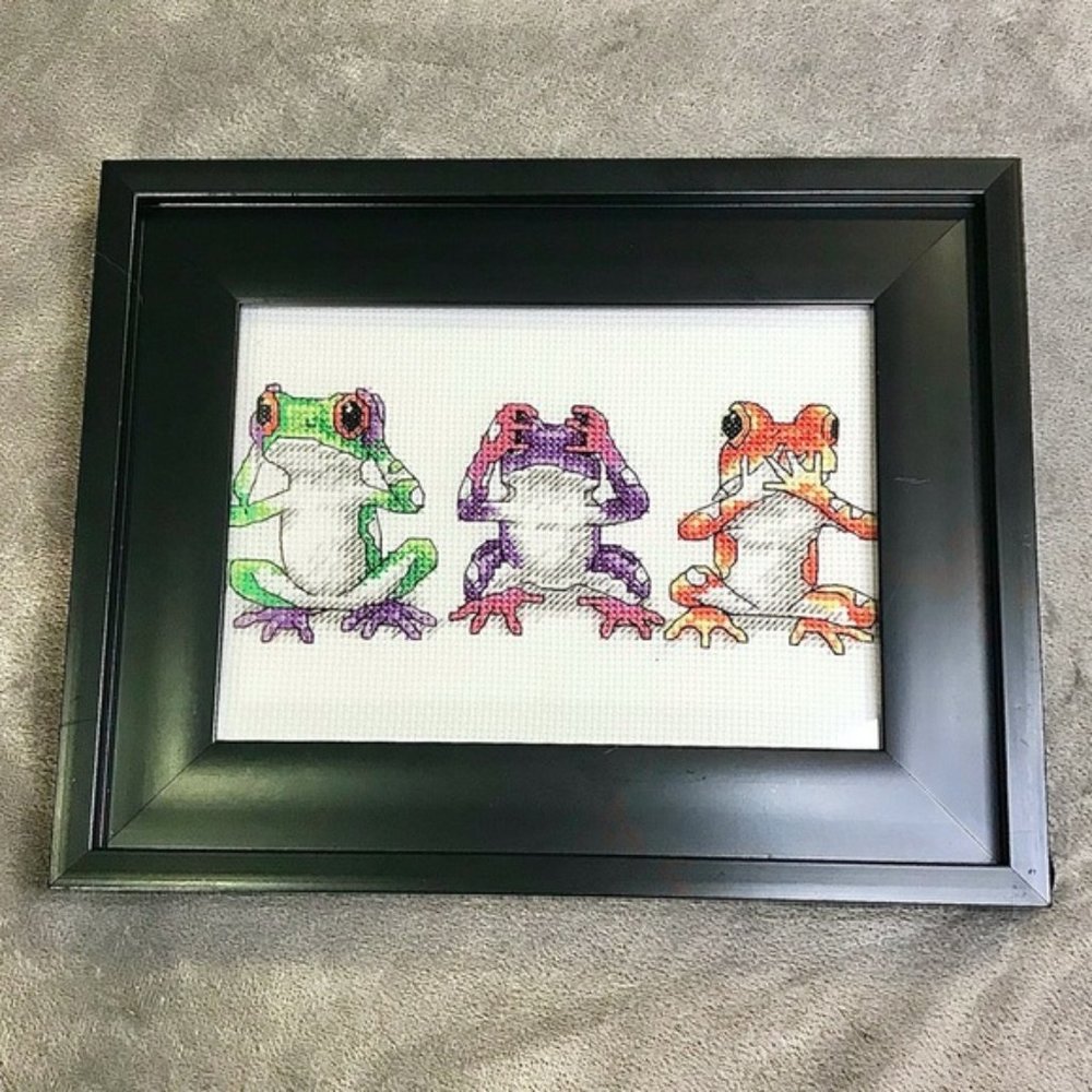 Colourful forest frog needlepoint cross stitch hear see speak no evil trio art